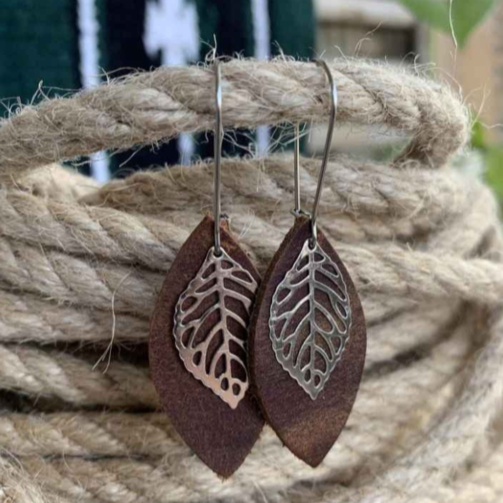 Leather Leaf Earrings Rustic Brown Leather Petal with Stainless steel Leaf Charm - Picture 3 of 6